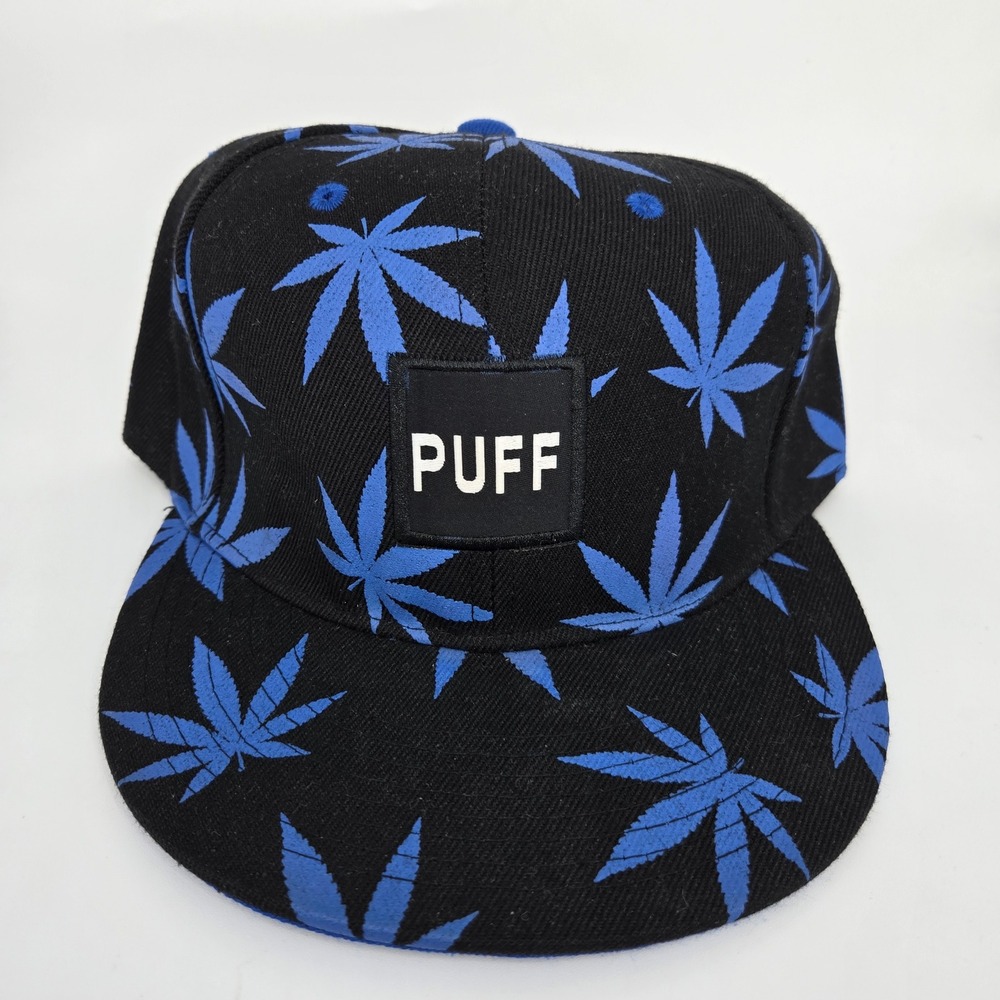 Kings Choice Malaki Puff Snapback Hat Black Blue Marijuana Leaf Weed Print Cap